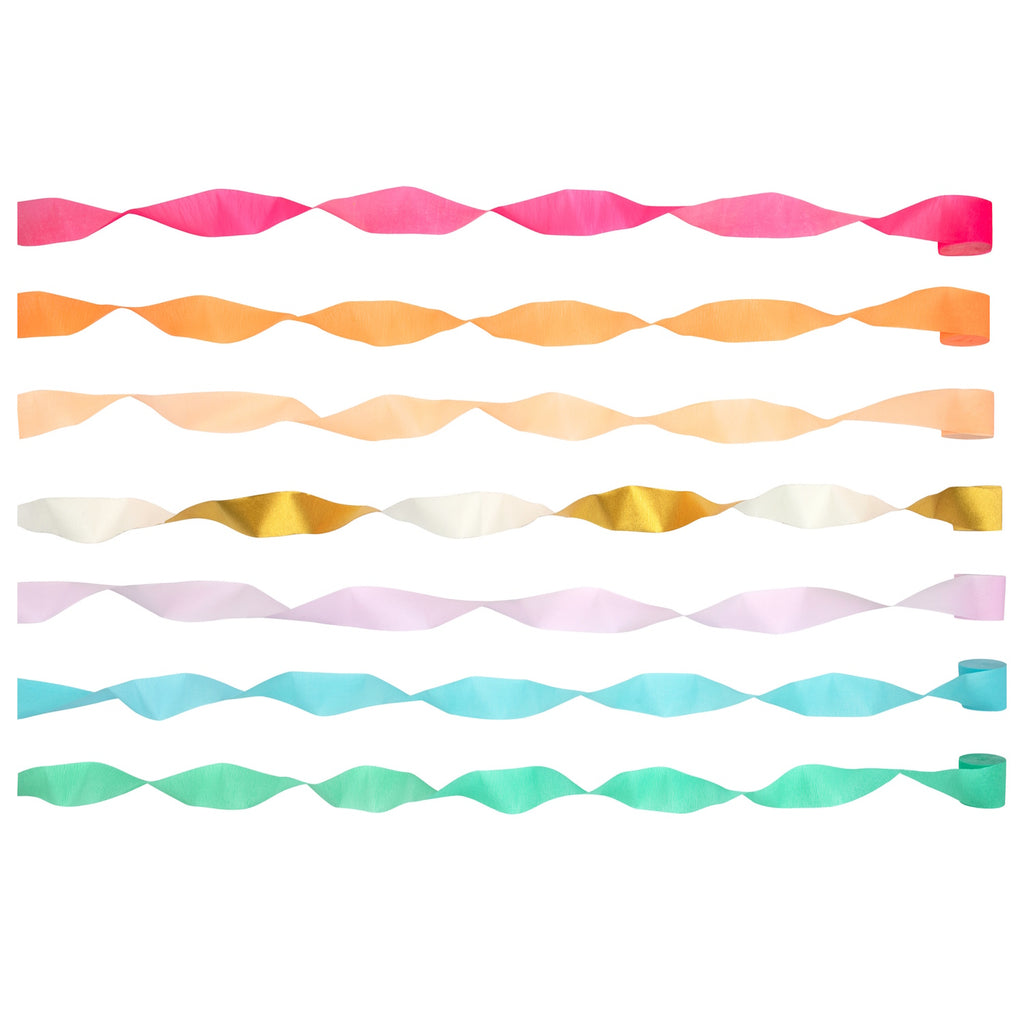 A set of vibrant, multicolored crepe paper streamers, perfect for decorating party spaces and adding a festive touch.