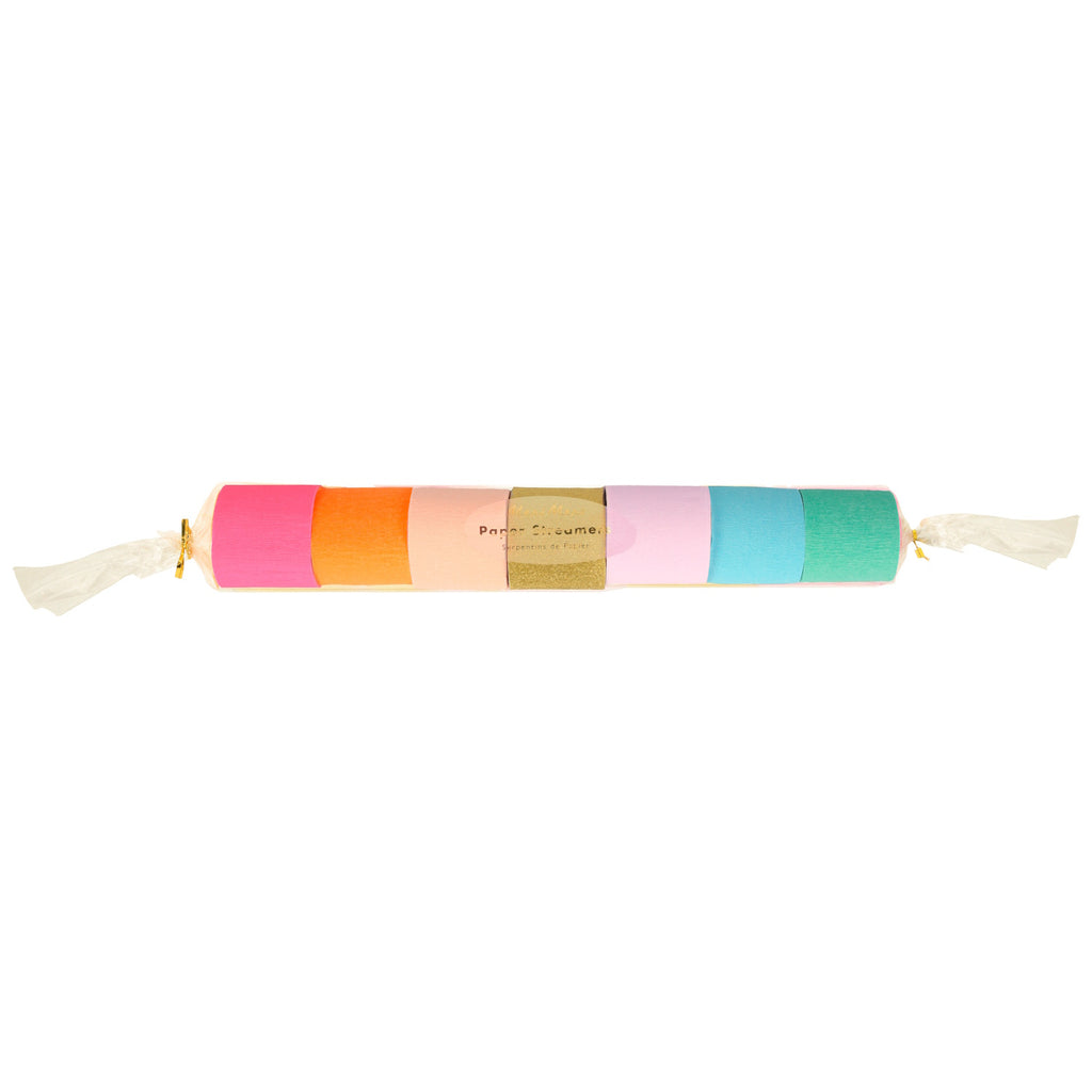 A set of vibrant, multicolored crepe paper streamers, perfect for decorating party spaces and adding a festive touch.