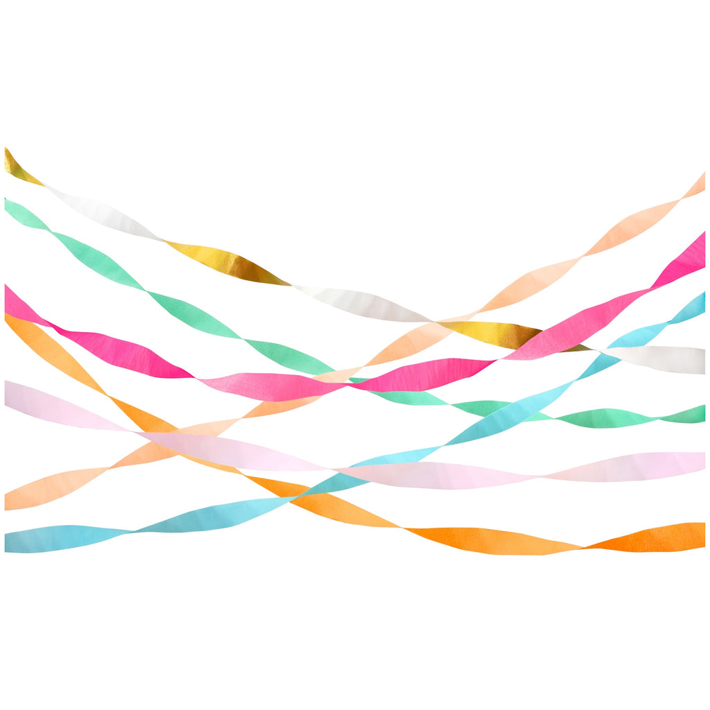 A set of vibrant, multicolored crepe paper streamers, perfect for decorating party spaces and adding a festive touch.