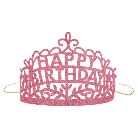 Bright pink glittery Happy Birthday party tiara crown with intricate scrollwork and elastic band on a white background.
