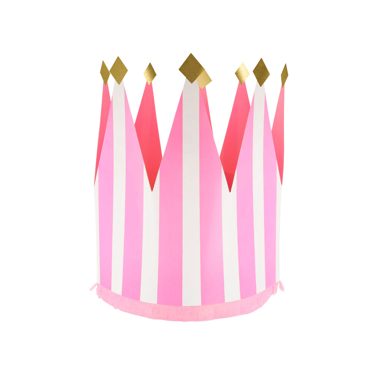 Bright pink and white striped paper party crown with gold foil tips and fringe trim on a white background.