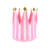 Bright pink and white striped paper party crown with gold foil tips and fringe trim on a white background.