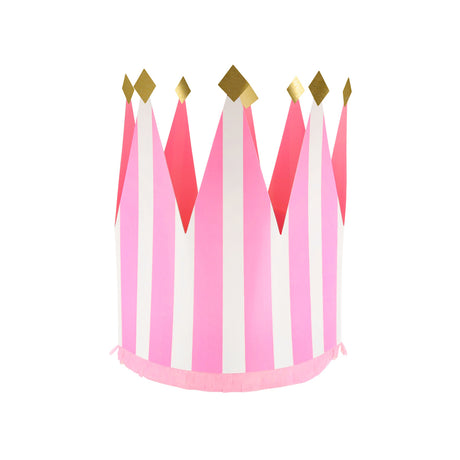 Bright pink and white striped paper party crown with gold foil tips and fringe trim on a white background.