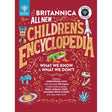 Cover of "Britannica All New Children's Encyclopedia" features a red background with bold yellow title, illustrations of a frog, mushroom, and a rocket.