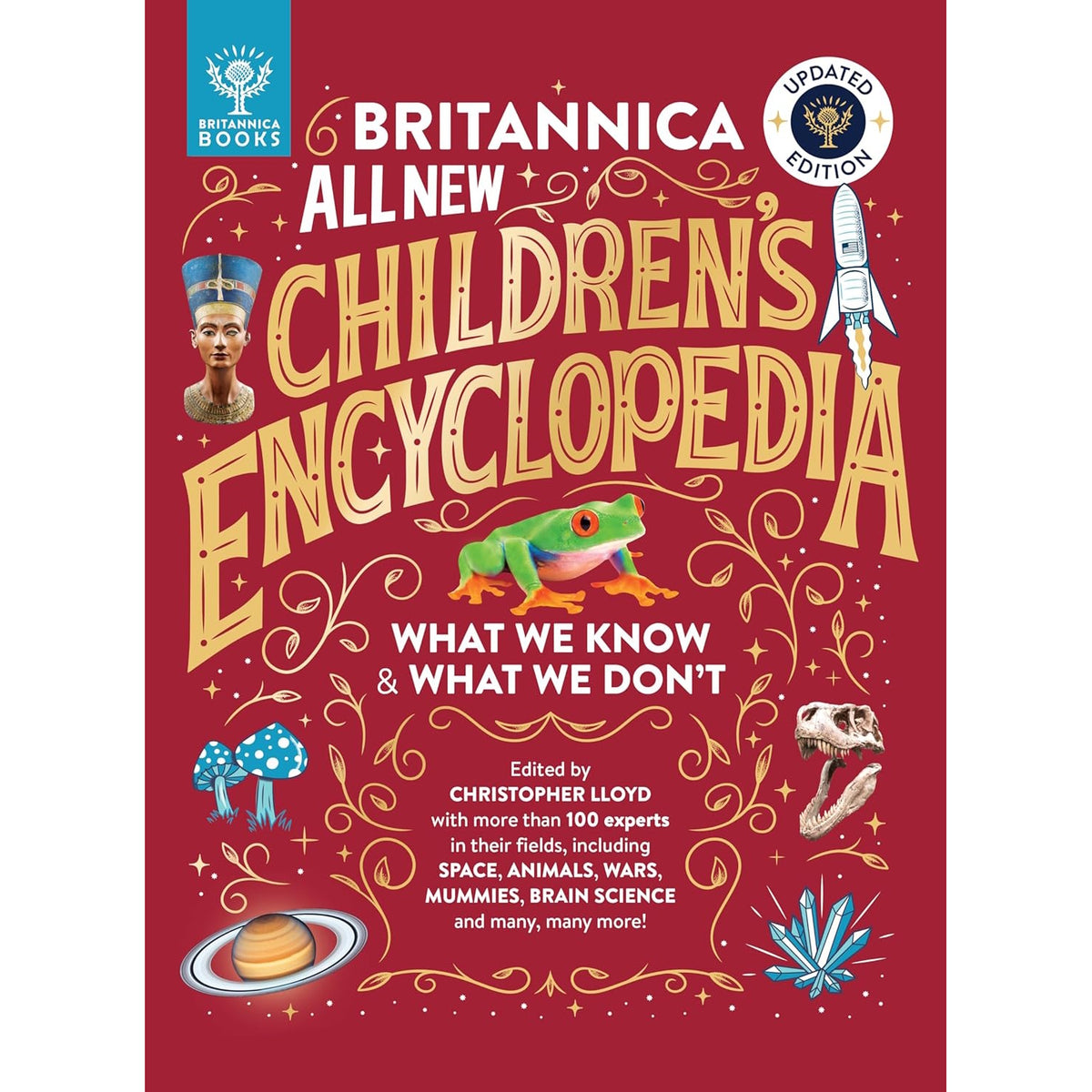 Cover of "Britannica All New Children's Encyclopedia" features a red background with bold yellow title, illustrations of a frog, mushroom, and a rocket.