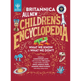 Cover of "Britannica All New Children's Encyclopedia" features a red background with bold yellow title, illustrations of a frog, mushroom, and a rocket.