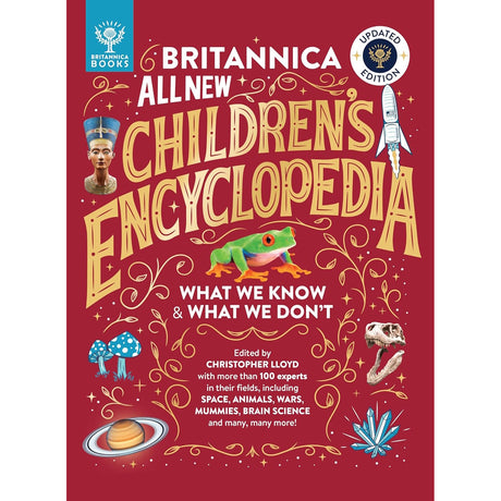Cover of "Britannica All New Children's Encyclopedia" features a red background with bold yellow title, illustrations of a frog, mushroom, and a rocket.