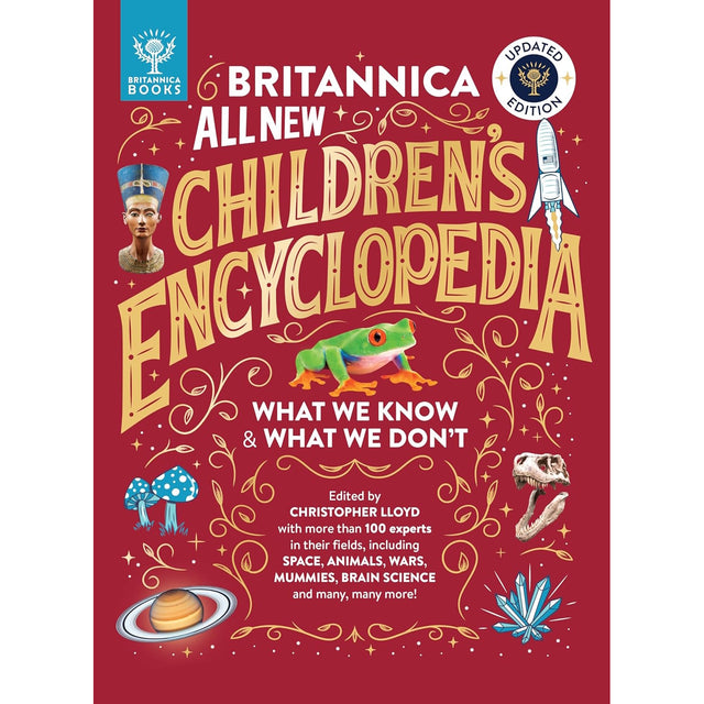 Cover of "Britannica All New Children's Encyclopedia" features a red background with bold yellow title, illustrations of a frog, mushroom, and a rocket.