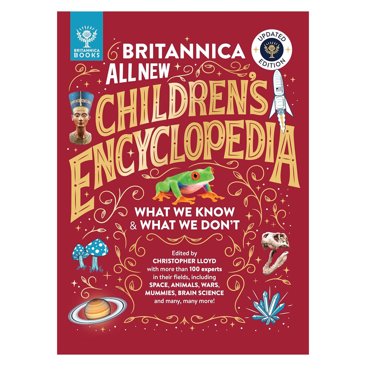Britannica All New Children's Encyclopedia book cover featuring a frog, Nefertiti, and space illustrations on red.