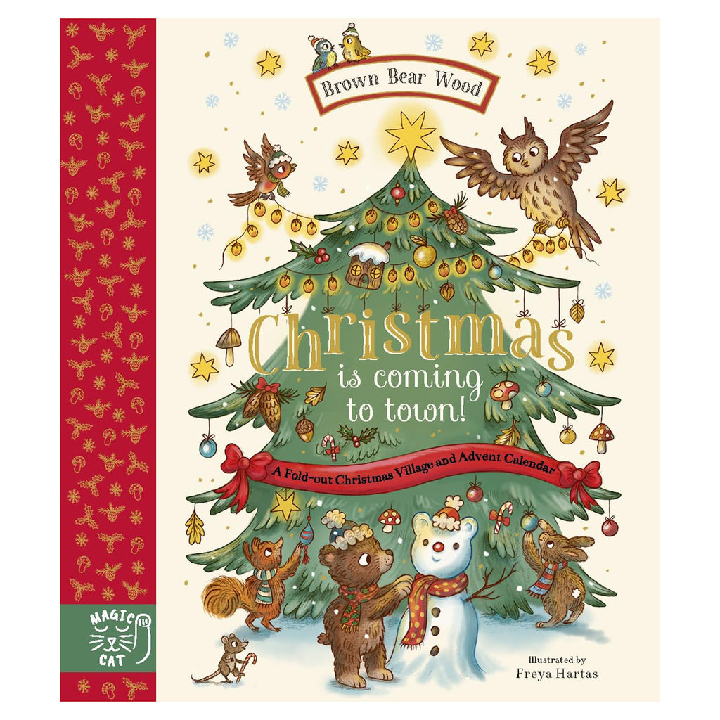 Illustrated book cover showing animals decorating a Christmas tree. Owls, squirrels, and a bear place ornaments. Text reads, "Christmas is coming to town!"