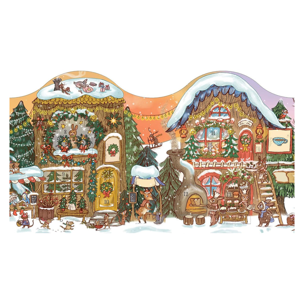 Whimsical illustration of woodland creature village with snow-covered houses, festive decorations, pine trees, and animals engaging in joyful winter activities.