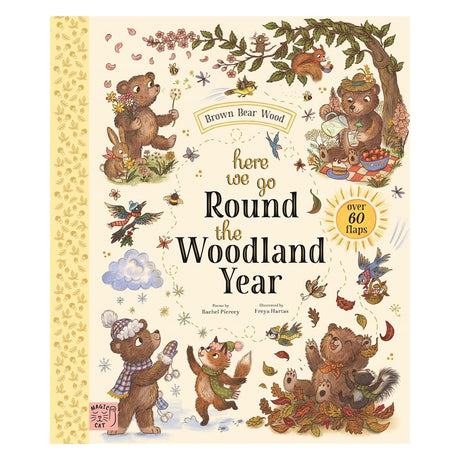 Book cover for 'Here We Go Round the Woodland Year' featuring illustrated woodland animals in four seasons.