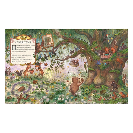 Children's book illustration of a brown bear and various woodland animals in a lush, green spring forest.