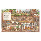 Detailed illustration of woodland animals celebrating a spring Easter party inside underground rabbit burrows.