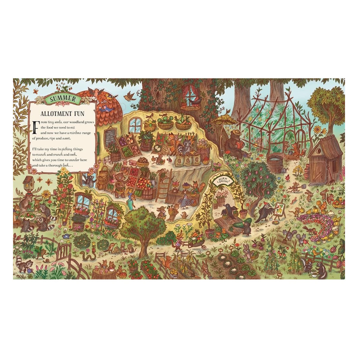 Children's illustration of woodland animals tending a summer garden, produce market, and treehouse.