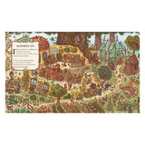Children's illustration of woodland animals tending a summer garden, produce market, and treehouse.