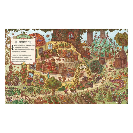 Children's illustration of woodland animals tending a summer garden, produce market, and treehouse.