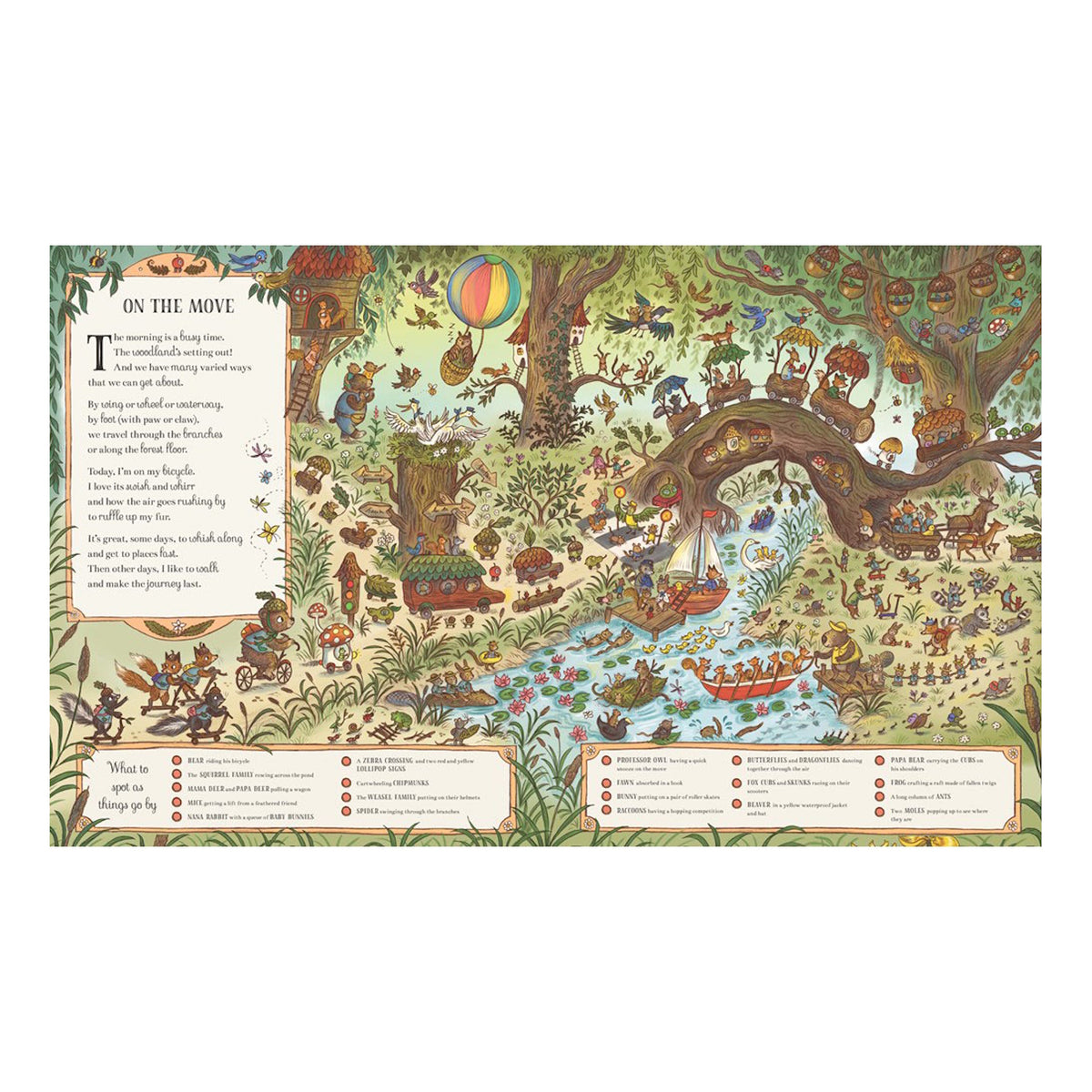 An illustrated double-page spread titled "On the Move" showing woodland characters traveling across paths and water, complete with a "What to spot as things go by" checklist.