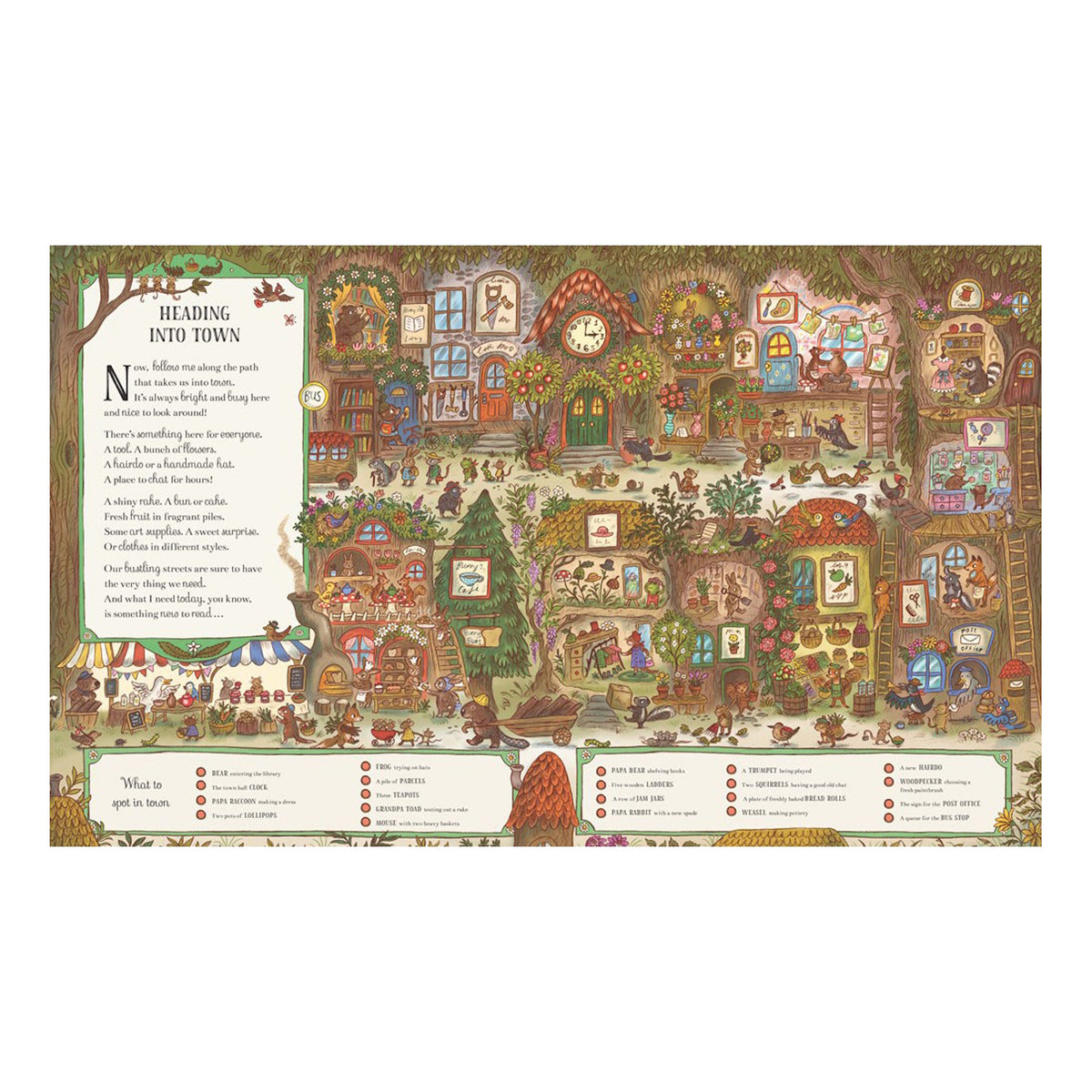 An illustrated double-page spread titled "Heading Into Town" showing a bustling woodland street scene with shops, characters, and a "What to spot in town" checklist.