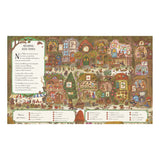 An illustrated double-page spread titled "Heading Into Town" showing a bustling woodland street scene with shops, characters, and a "What to spot in town" checklist.