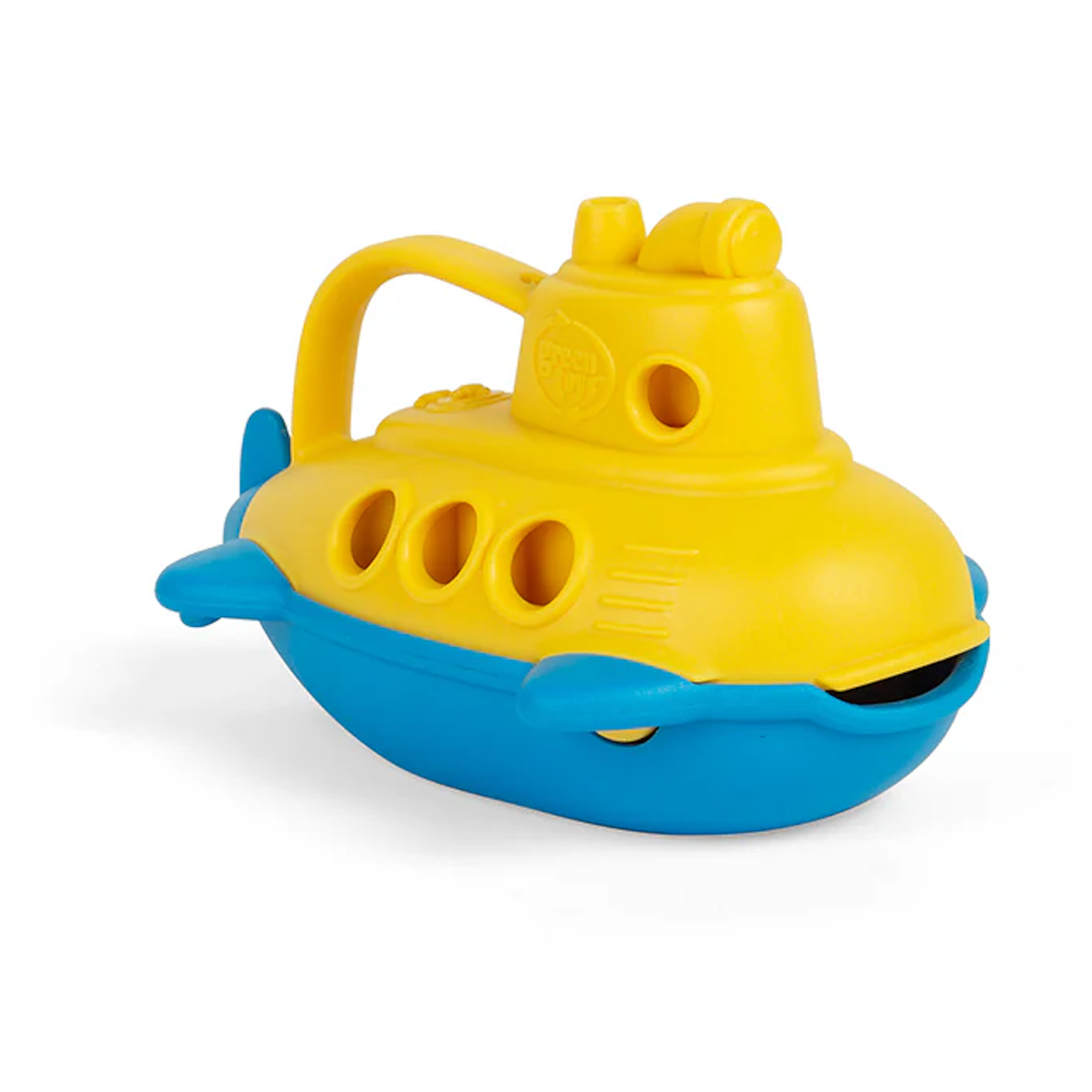 A yellow and blue toy submarine on a white background. The bright colors and round windows give a cheerful and playful feel.