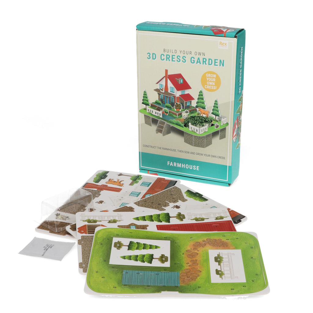 A fun and educational craft kit for kids to grow cress in a cardboard farmhouse setting.