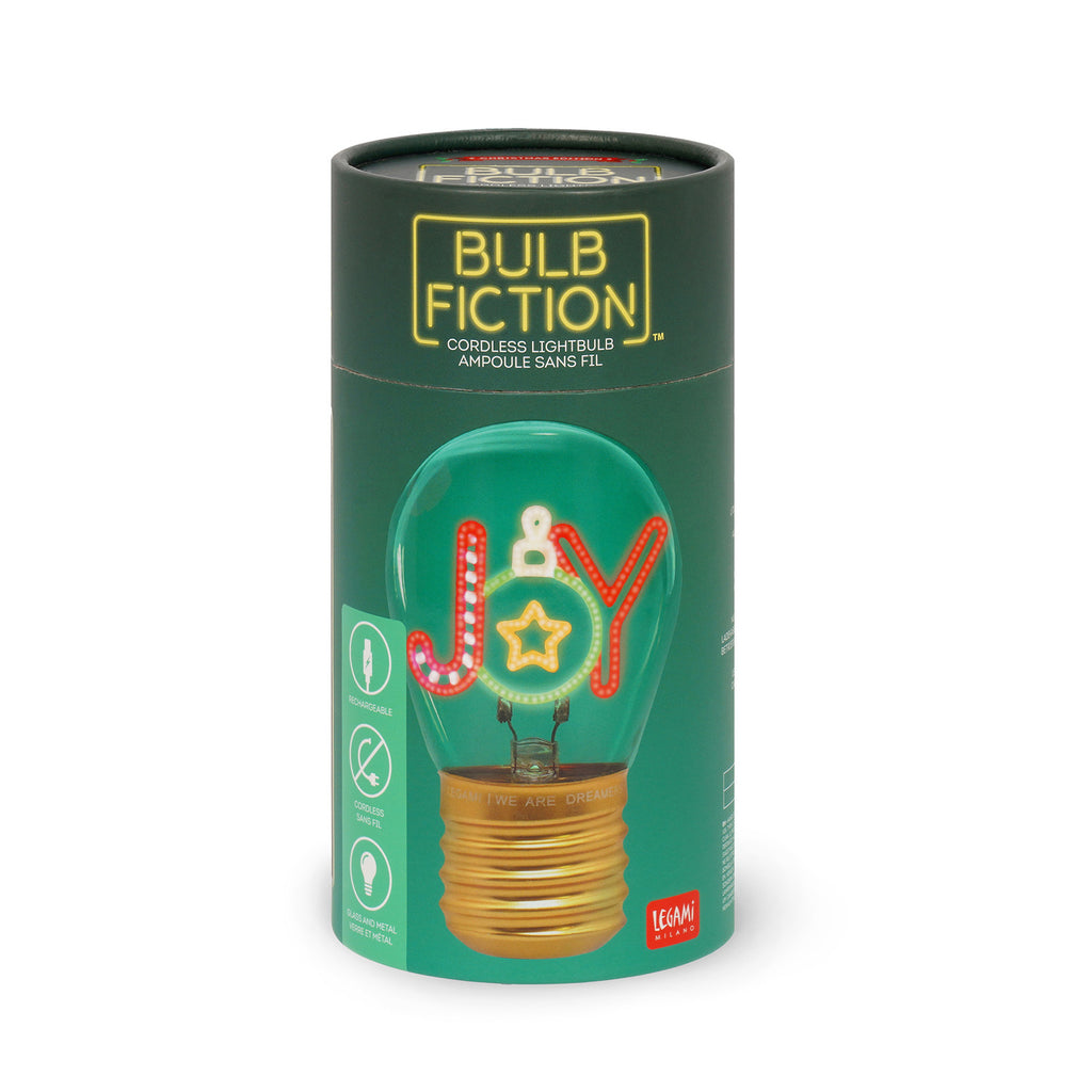 Packaging for a bulb-shaped cordless light by "Bulb Fiction." The bulb displays the word "Joy" with colorful letters, conveying a festive mood.