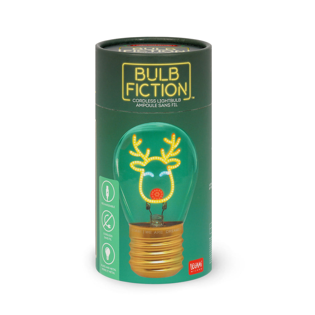 Packaging for a cordless lightbulb featuring a cartoon reindeer design, with antlers and a red nose, named "Bulb Fiction." The mood is playful and festive.