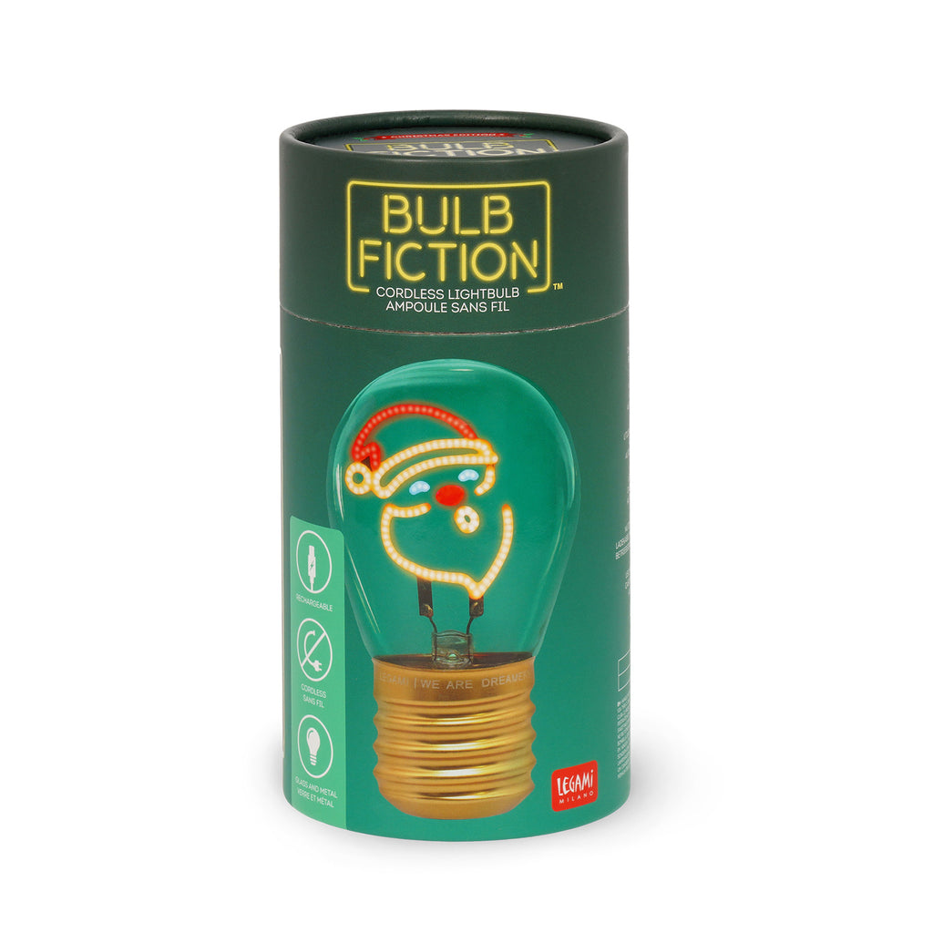 Green cylindrical package with "Bulb Fiction" branding. The design shows a festive lightbulb featuring an illuminated Santa face, conveying a joyful holiday theme.