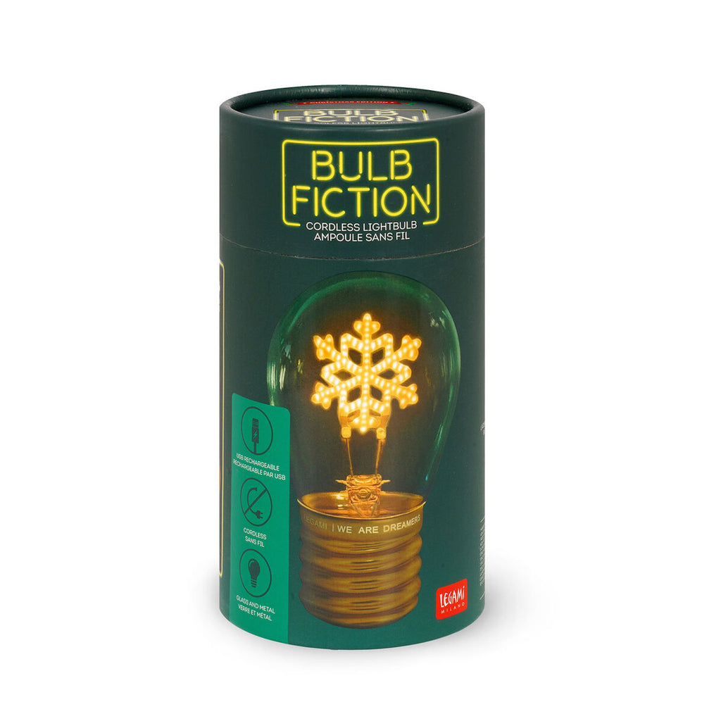 Packaging of "Bulb Fiction" cordless lightbulb. The design features a glowing snowflake filament inside a bulb. The tone is modern and whimsical.