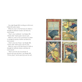 Two-page spread from Burglar Bill children's book showing Bill entering windows and stealing items in four panels.