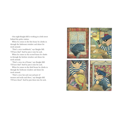 Two-page spread from Burglar Bill children's book showing Bill entering windows and stealing items in four panels.