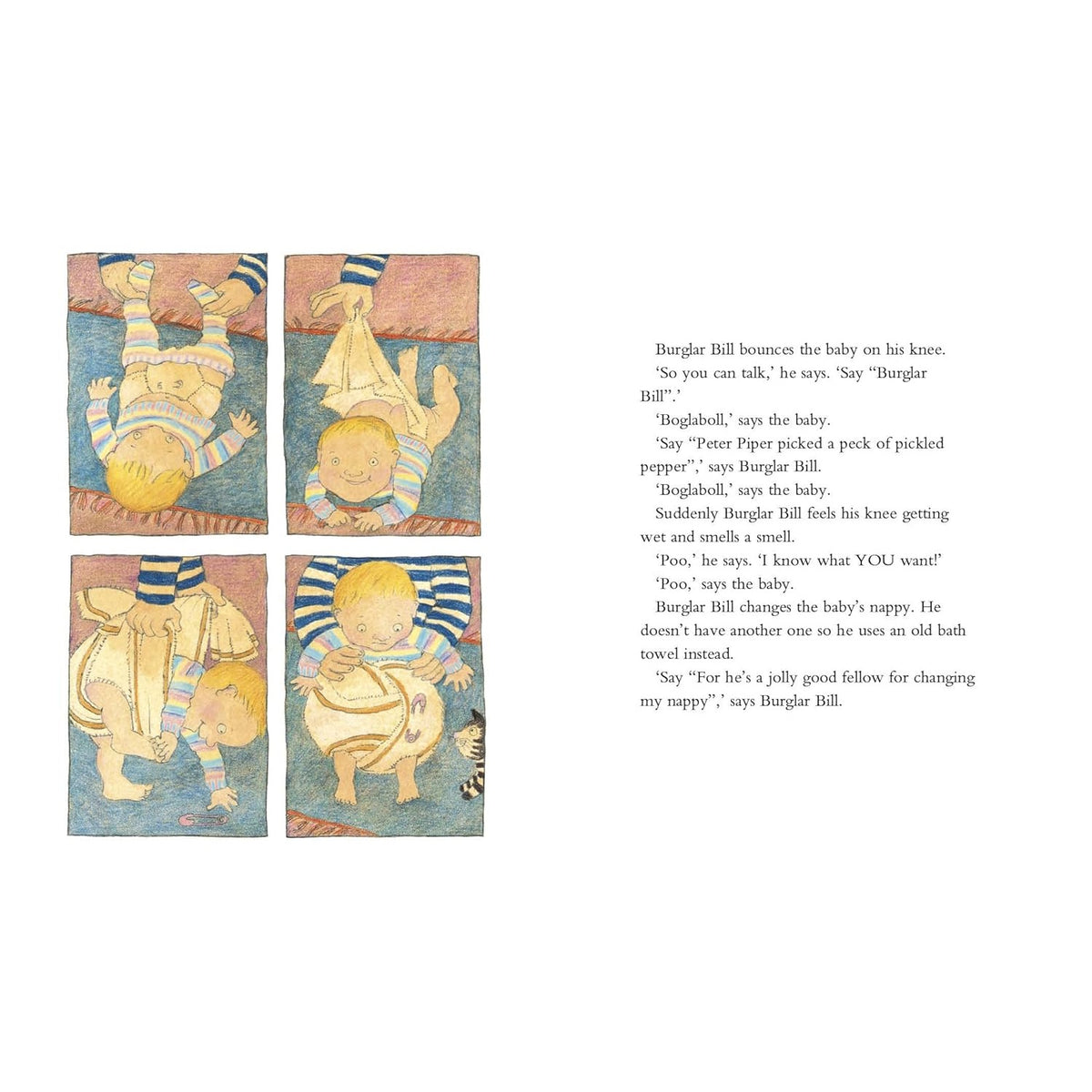 An open children's book shows four illustrations of a man changing a baby’s diaper and a page of story text.