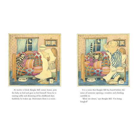 Two illustrations from Burglar Bill; Bill waking up in his patchwork bed to the sound of someone burgling his home.