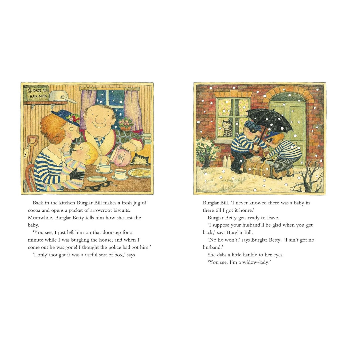 Burglar Bill and Burglar Betty with a baby in a kitchen, and outside in the snow from Janet and Allan Ahlberg's book.