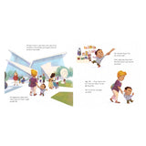 Children's book page showing a reluctant boy being led into a modern art museum by his mother.