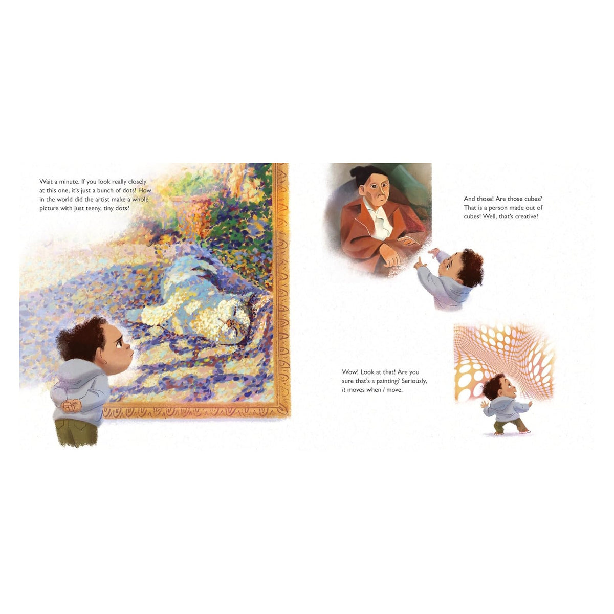 Children's book spread showing a child examining pointillist, cubist, and optical art paintings in a museum.
