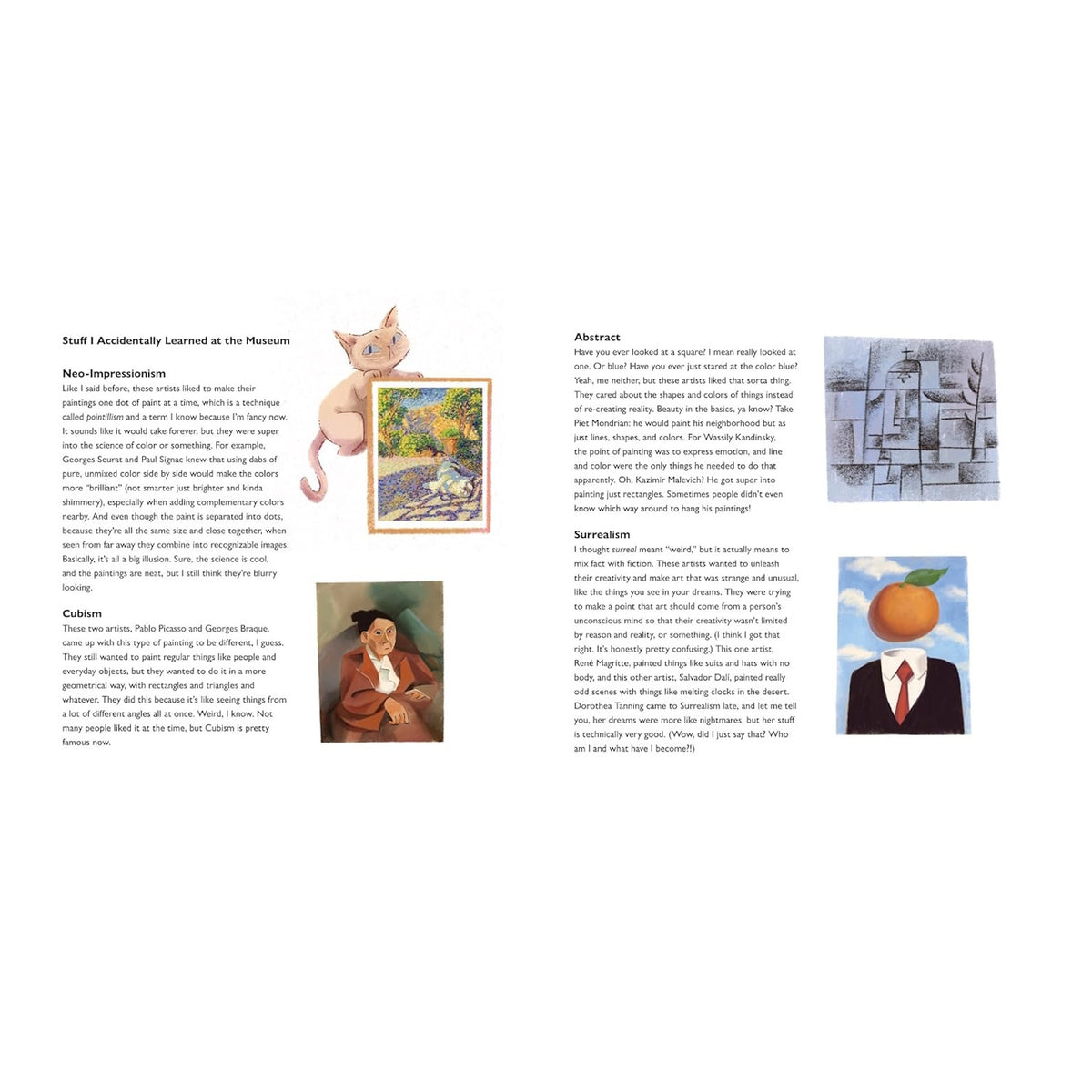 Illustrated book spread explaining art movements like Neo-Impressionism, Cubism, Abstract, and Surrealism.