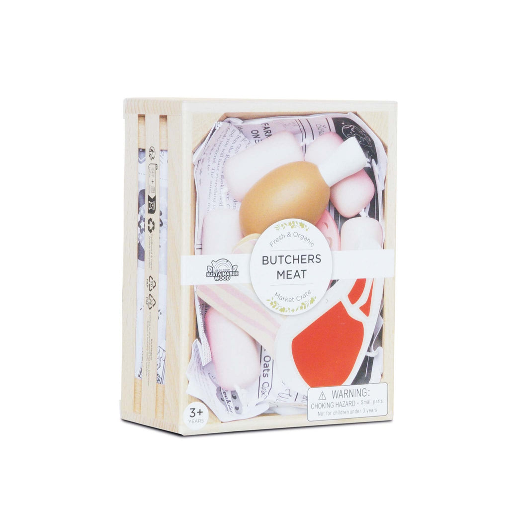 Wooden toy box labeled "Butcher's Meat," contains various play items resembling meats. Labels highlight sustainability and choking hazard for kids under 3.