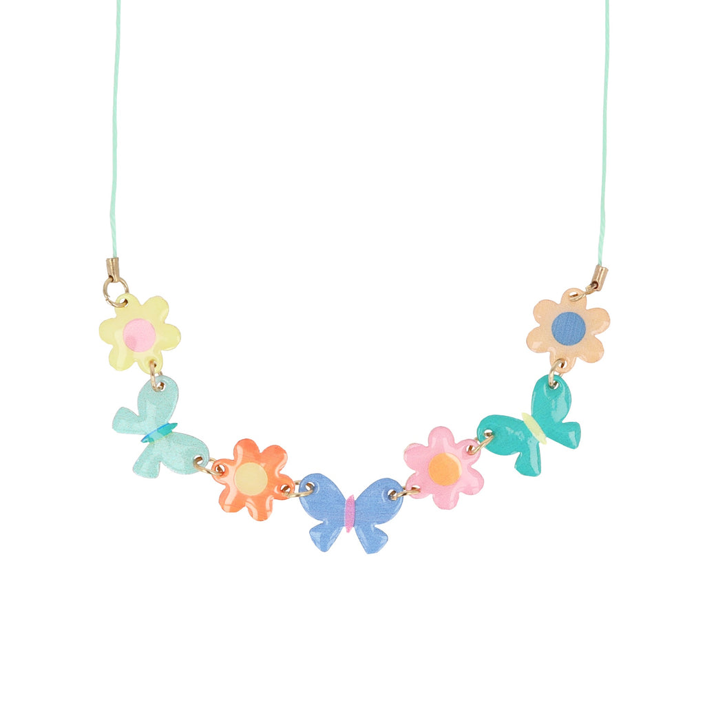 A delicate gold-tone necklace featuring colorful enamel butterfly and flower charms, perfect for a whimsical accessory.