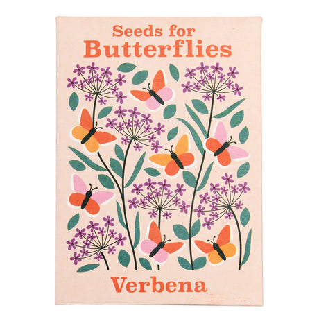 Vintage-style seed packet for Verbena "Seeds for Butterflies" featuring orange and pink butterfly and purple flower icons.