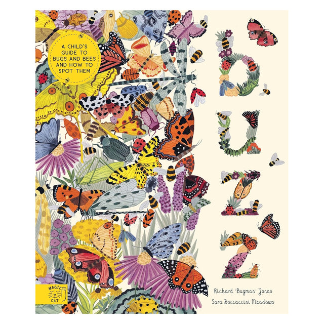 Book cover for "Buzz: A Child's Guide to Bugs and Bees" by Richard Jones and Sara Boccaccini Meadows, featuring colorful illustrated insects.