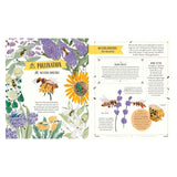 Book spread about the Western Honeybee featuring illustrated bees on flowers and facts about pollination and honeycomb.