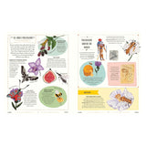 Book spread covering pollination facts, illustrated insects including moths and bumblebees, and honeybee history around the world.