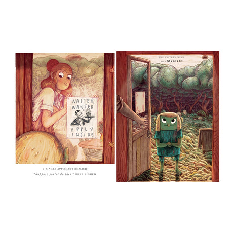 A woman with red hair reads a "Waiter Wanted" sign on a door. A green creature stands outside, looking hopeful. The tone is whimsical and lighthearted.