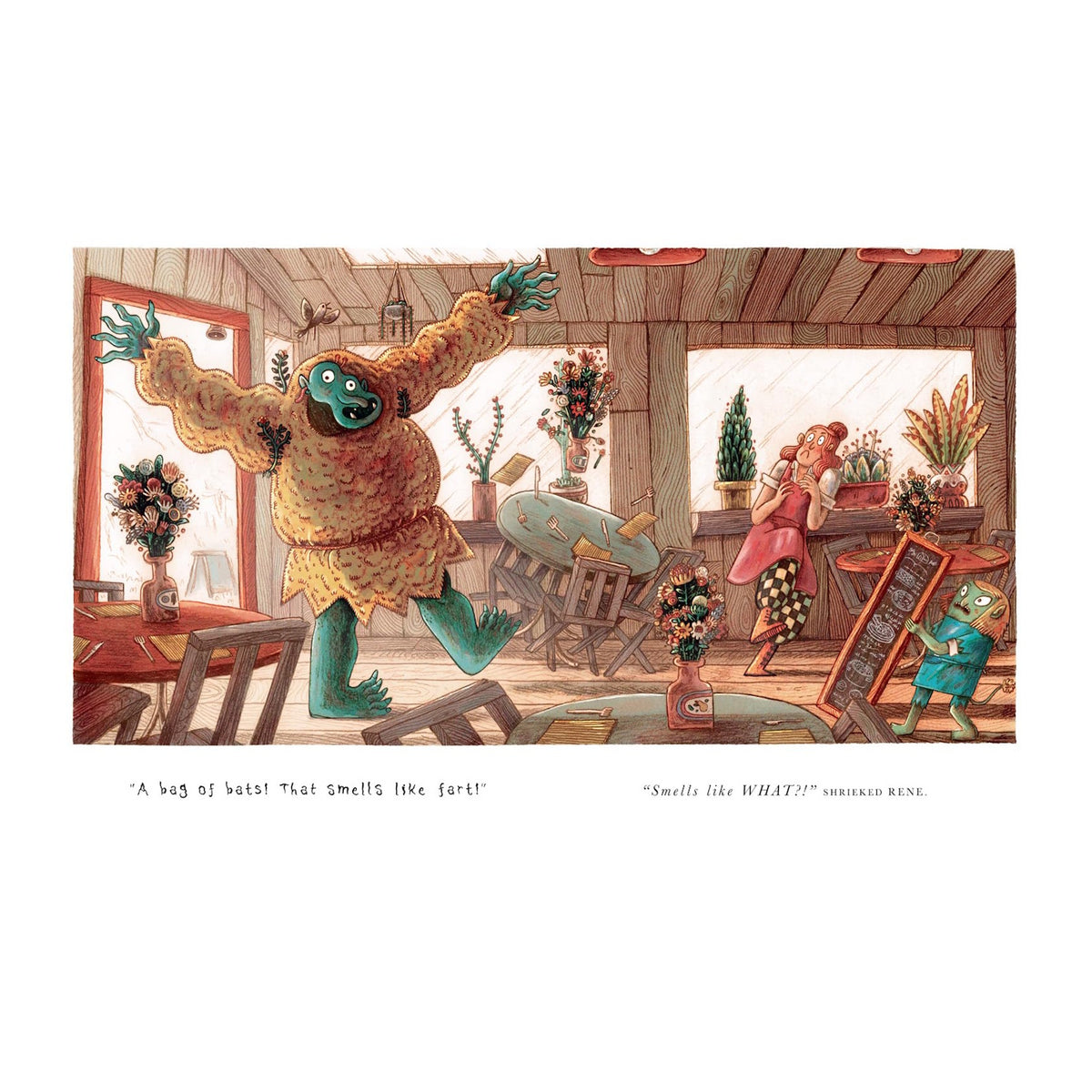 A chaotic scene in a cafe with a green, furry monster exclaiming loudly, causing alarm. People hold noses and look surprised. Flowers and tables are scattered.