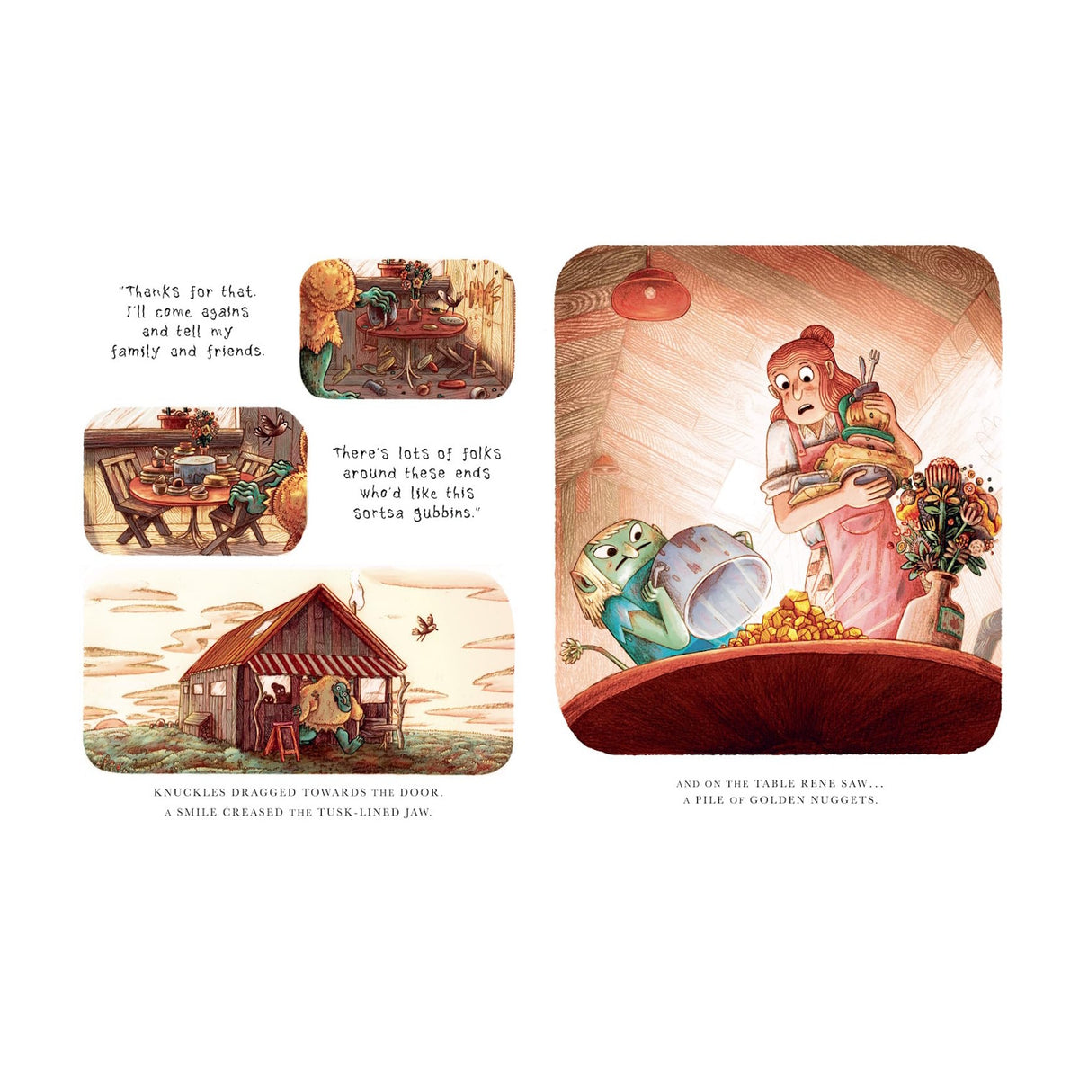 A whimsical illustration shows a frog and a woman at a table. The frog holds a mug while the woman reacts to a stack of golden nuggets. Outside, the frog approaches a rustic house under a sky with clouds. The mood is curious and lighthearted.