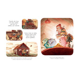 A whimsical illustration shows a frog and a woman at a table. The frog holds a mug while the woman reacts to a stack of golden nuggets. Outside, the frog approaches a rustic house under a sky with clouds. The mood is curious and lighthearted.