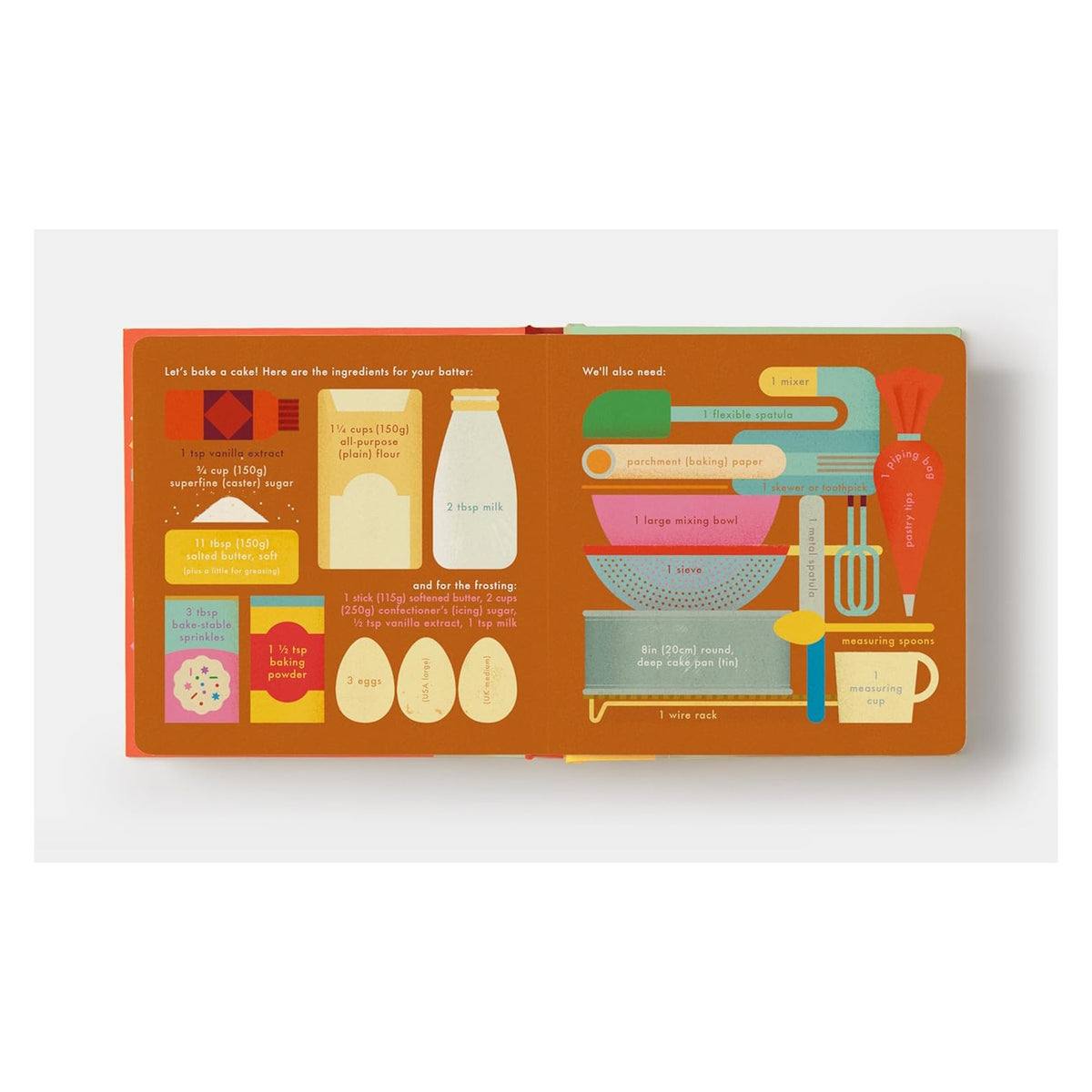 Interior spread of Cake! recipe book showing illustrated baking ingredients and tools on orange background.