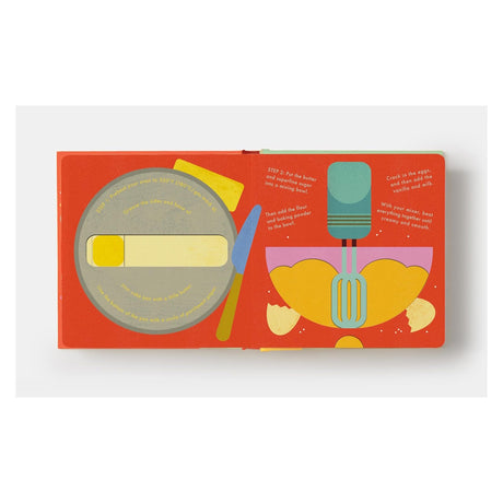 Interior spread of Cake! book showing illustrated step-by-step baking instructions with cake pan and mixing bowl.
